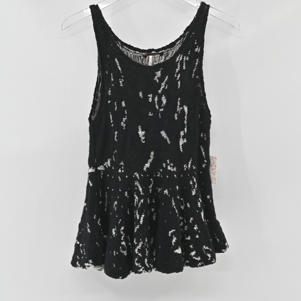 Free People Textured Knit Peplum Tank Top Womens Size S Black White Cotton Boho